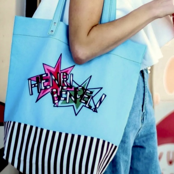 Henri Bendel Blue Canvas Tote with iconic stripped bottom - Picture 3 of 4